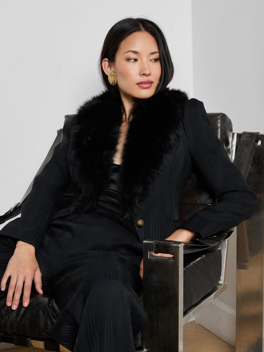 Kaisley Faux Fur Collar Blazer Black Shadow Stripe-L&