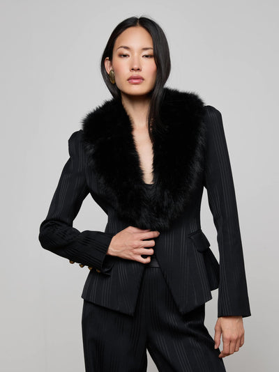 Kaisley Faux Fur Collar Blazer Black Shadow Stripe-L'Agence-Tocca Finita