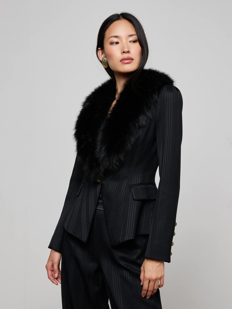 Kaisley Faux Fur Collar Blazer Black Shadow Stripe-L&