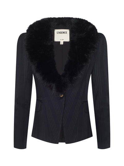 Kaisley Faux Fur Collar Blazer Black Shadow Stripe-L'Agence-Tocca Finita
