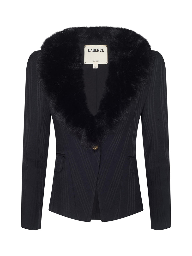 Kaisley Faux Fur Collar Blazer Black Shadow Stripe-L&