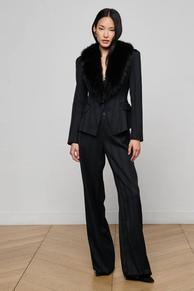 Kaisley Faux Fur Collar Blazer Black Shadow Stripe-L'Agence-Tocca Finita