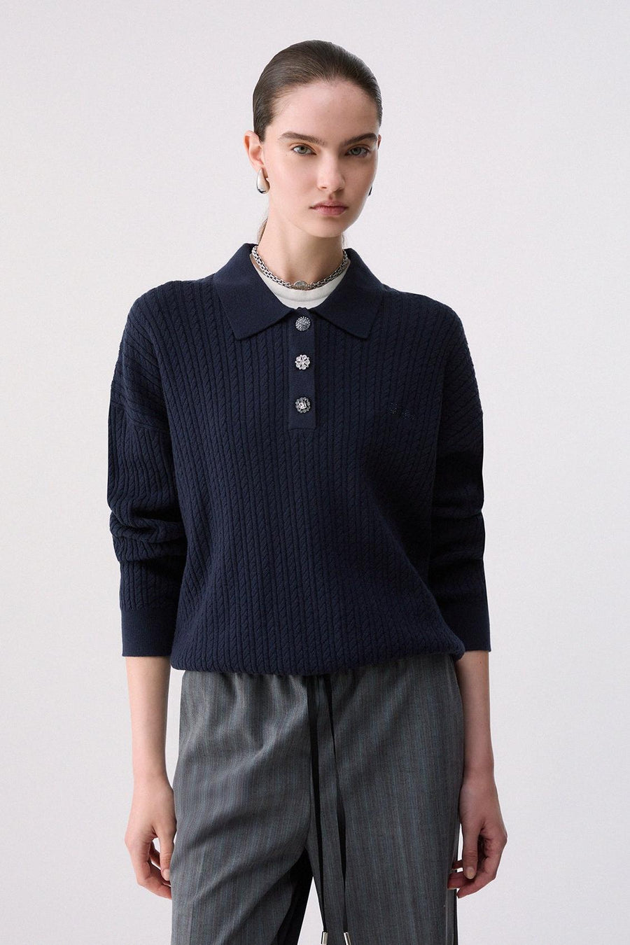 Knit Polo with Jewel Buttons Dark Blue-Liu Jo-Tocca Finita