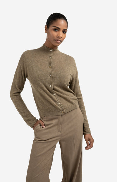 Knitted Cardigan With High Neckline And Button Closure Capers Melange