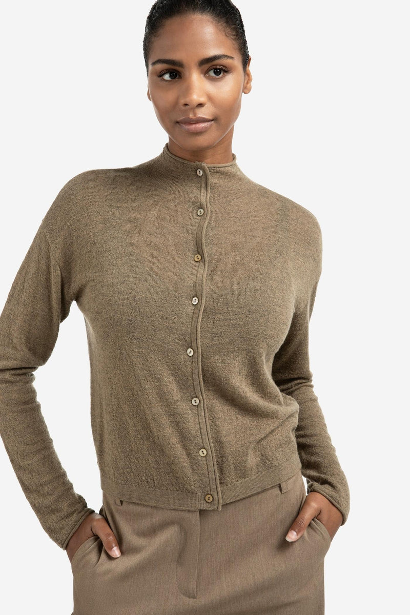 Knitted Cardigan With High Neckline And Button Closure Capers Melange