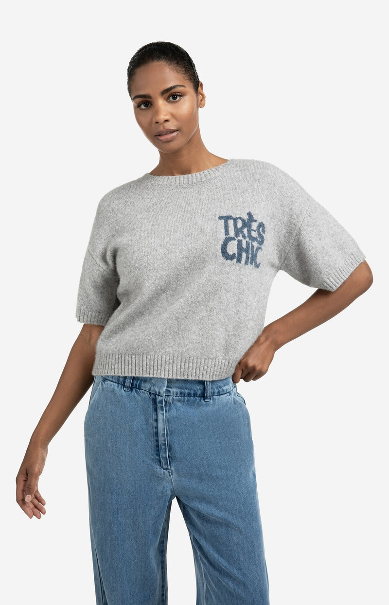 Knitted Short Sleeve Sweater With Artwork Light Grey