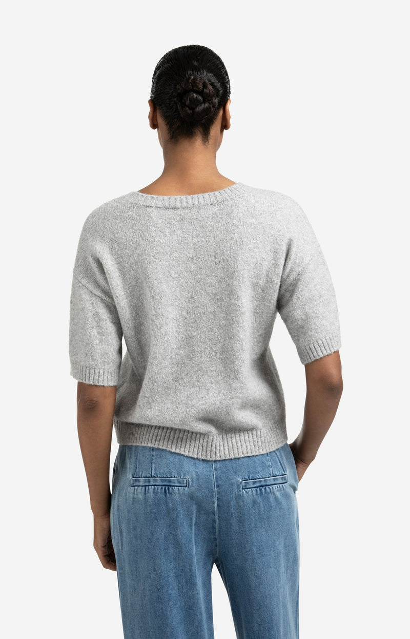 Knitted Short Sleeve Sweater With Artwork Light Grey