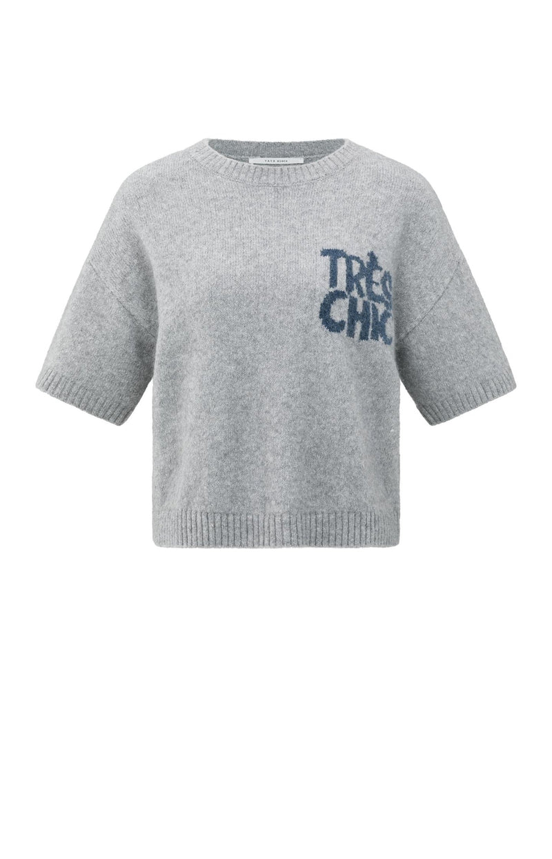 Knitted Short Sleeve Sweater With Artwork Light Grey