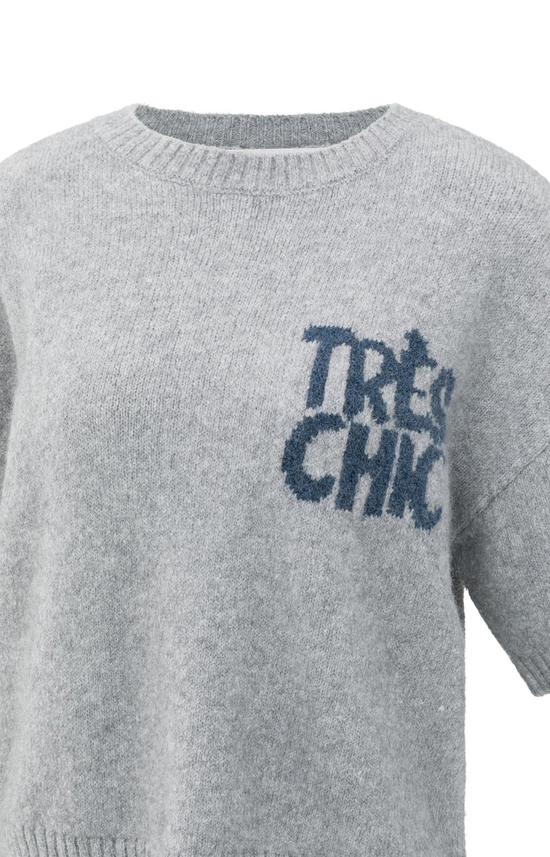 Knitted Short Sleeve Sweater With Artwork Light Grey