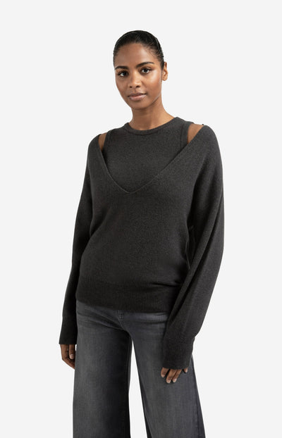Knitted Sweater With Deep V-Neck And Layered Top