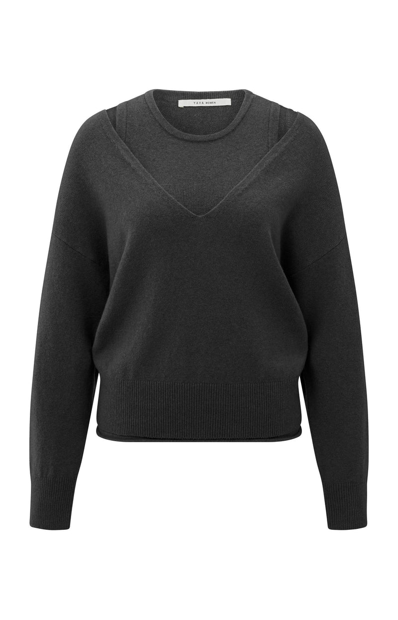 Knitted Sweater With Deep V-Neck And Layered Top