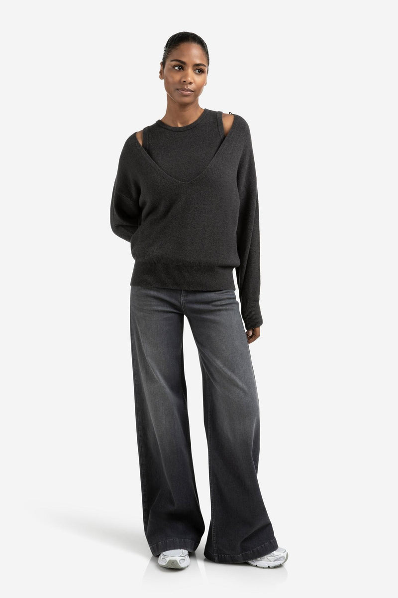 Knitted Sweater With Deep V-Neck And Layered Top