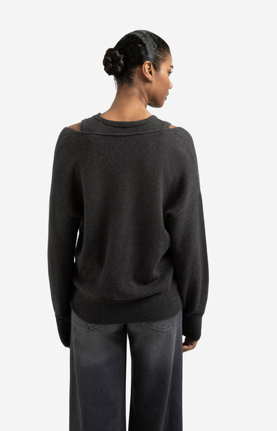 Knitted Sweater With Deep V-Neck And Layered Top