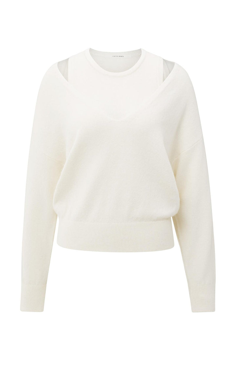 Knitted Sweater With Deep V-Neck And Layered Top