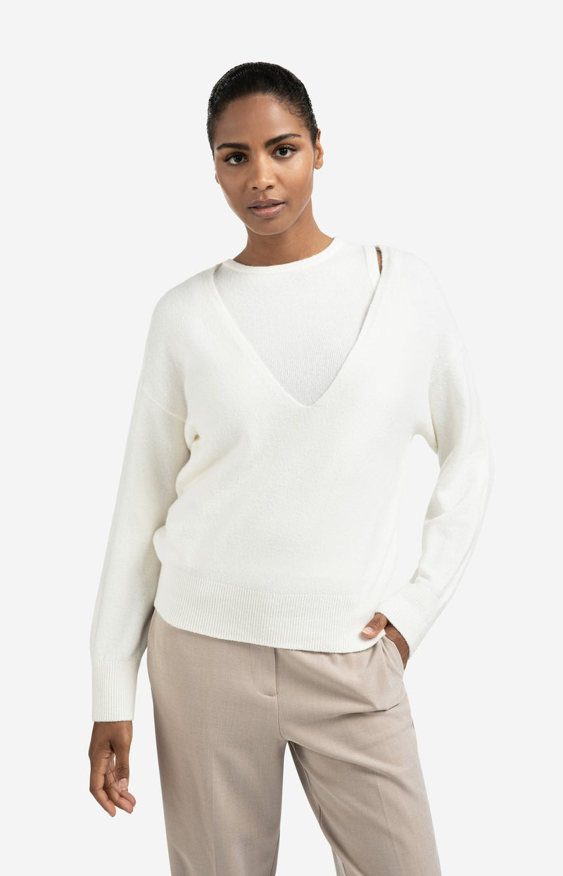 Knitted Sweater With Deep V-Neck And Layered Top