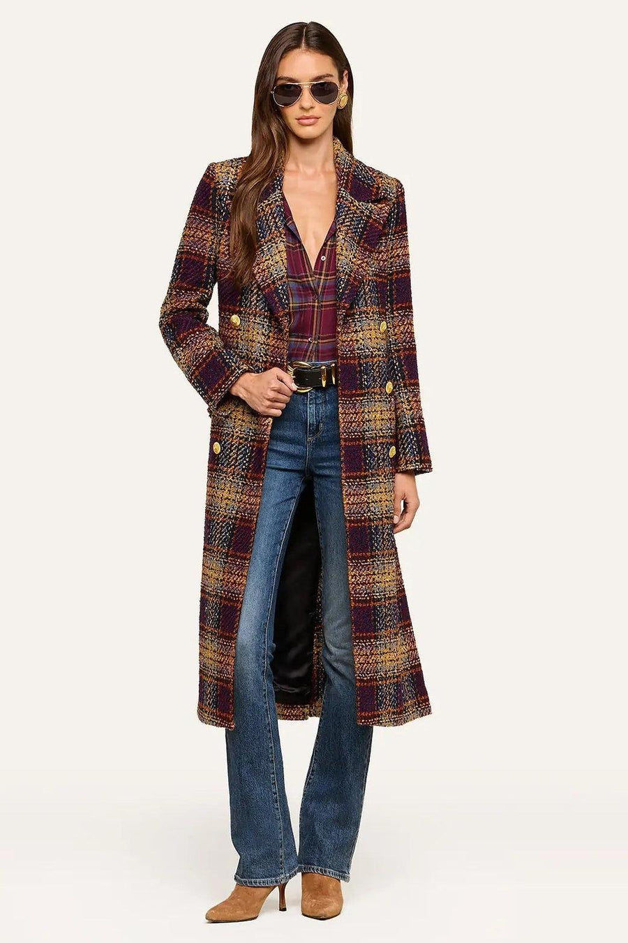Kolina Tweed Long Coat Navy/Burgundy Multi Tweed-L&