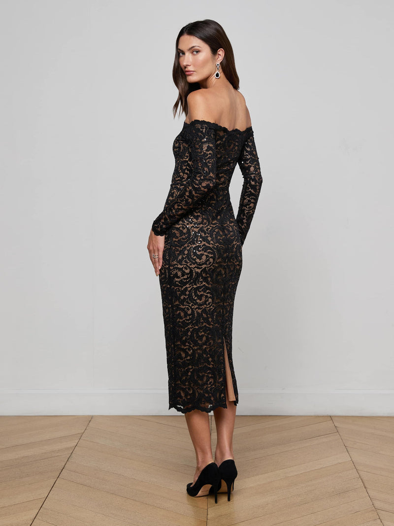 Lindsay Sequinned Lace Dress Black-L&