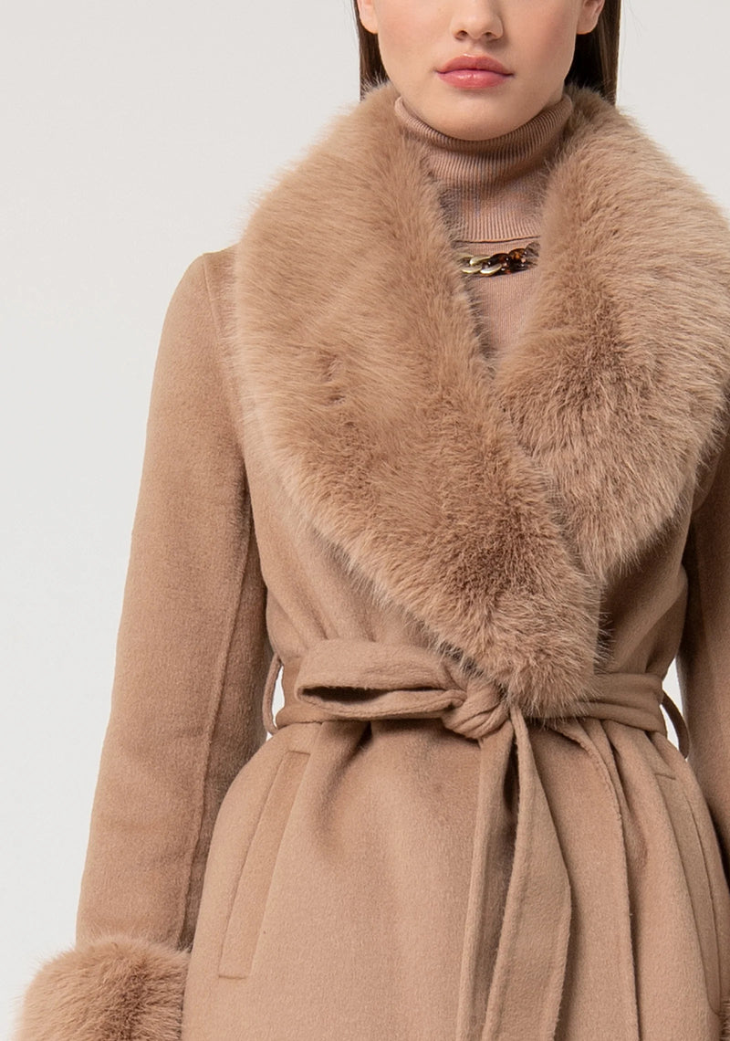 Long Camel Coat With Fake Fur-Fracomina-Tocca Finita