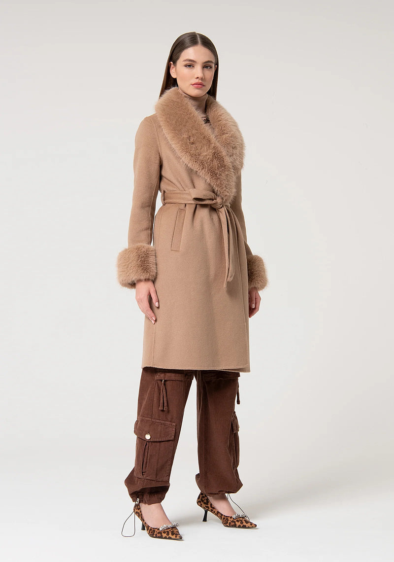 Long Camel Coat With Fake Fur-Fracomina-Tocca Finita