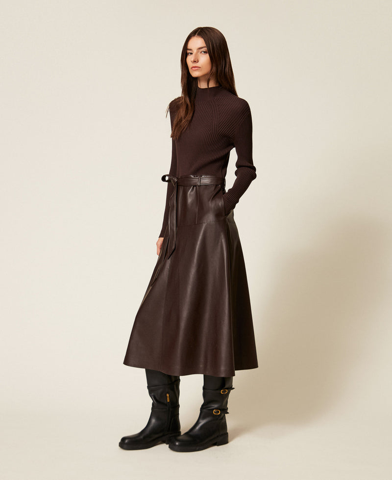 Long Knit Dress With Leather Effect Black Chocolate-TWINSET-Tocca Finita