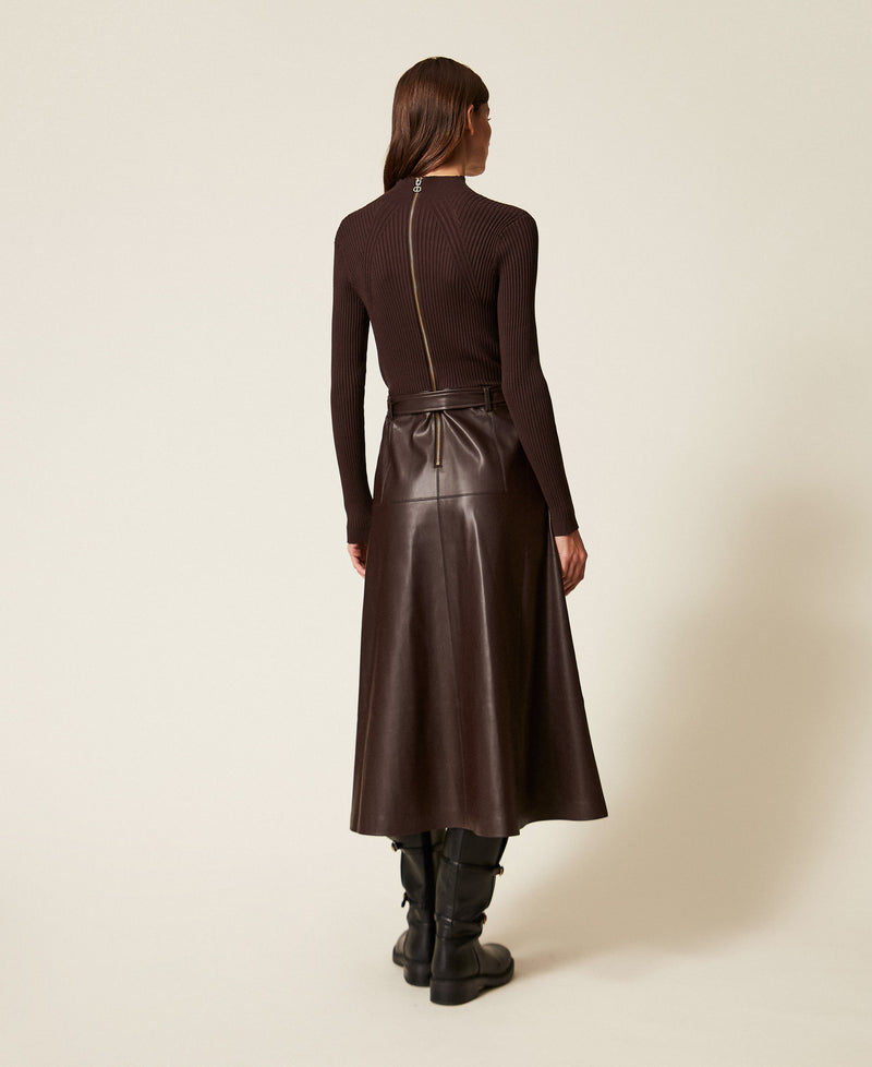 Long Knit Dress With Leather Effect Black Chocolate-TWINSET-Tocca Finita
