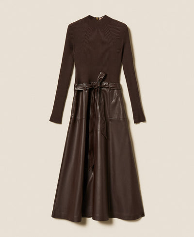 Long Knit Dress With Leather Effect Black Chocolate-TWINSET-Tocca Finita