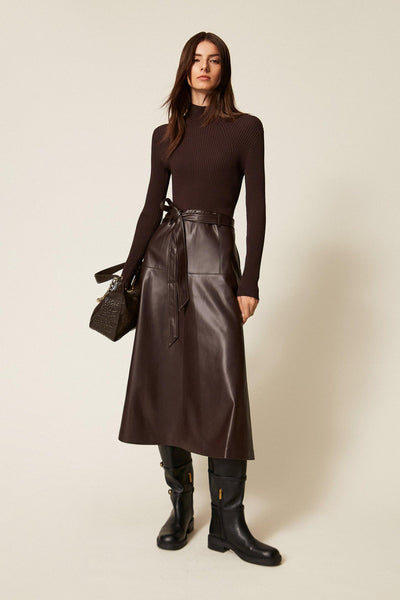 Long Knit Dress With Leather Effect Black Chocolate-TWINSET-Tocca Finita