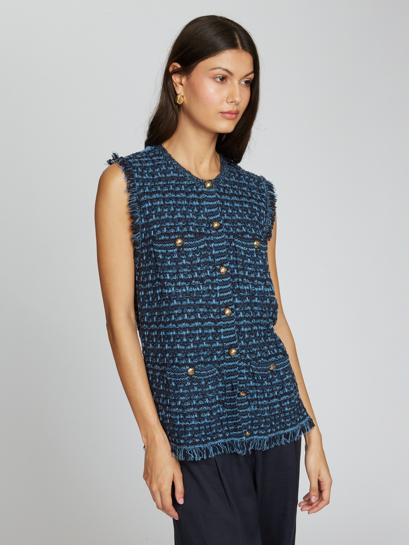 Long Tweed Fringe Vest Navy Blue Combo-Autumn Cashmere-Tocca Finita