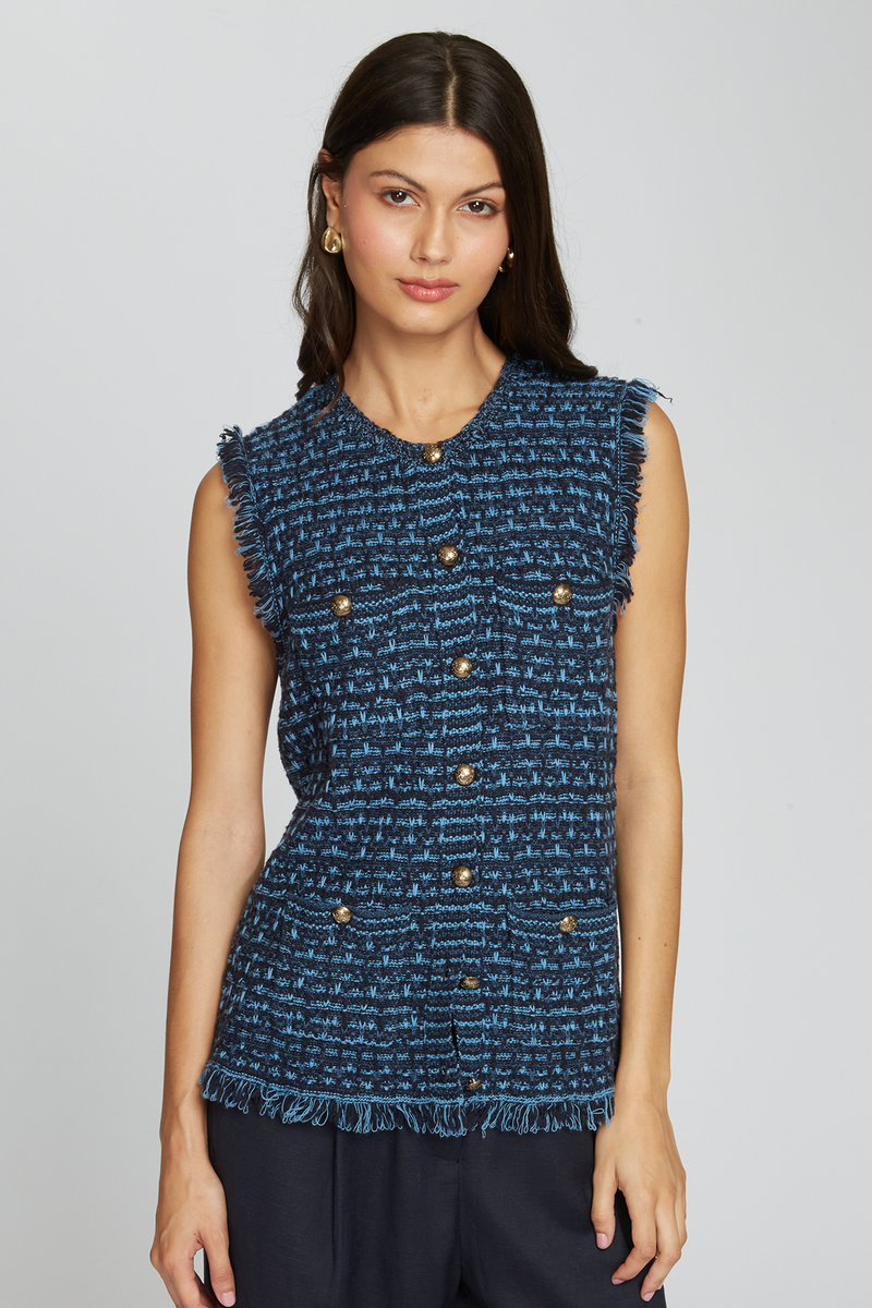 Long Tweed Fringe Vest Navy Blue Combo-Autumn Cashmere-Tocca Finita