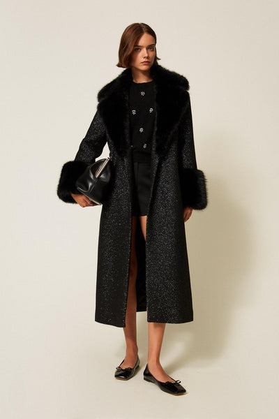 Long Wool Cloth Coat With Faux Fur Salt & Pepper-TWINSET-Tocca Finita
