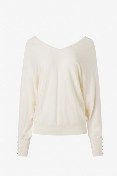 Merino Blend V Neck Sweater Button Detail Ivory-Iris Setlakwe-Tocca Finita
