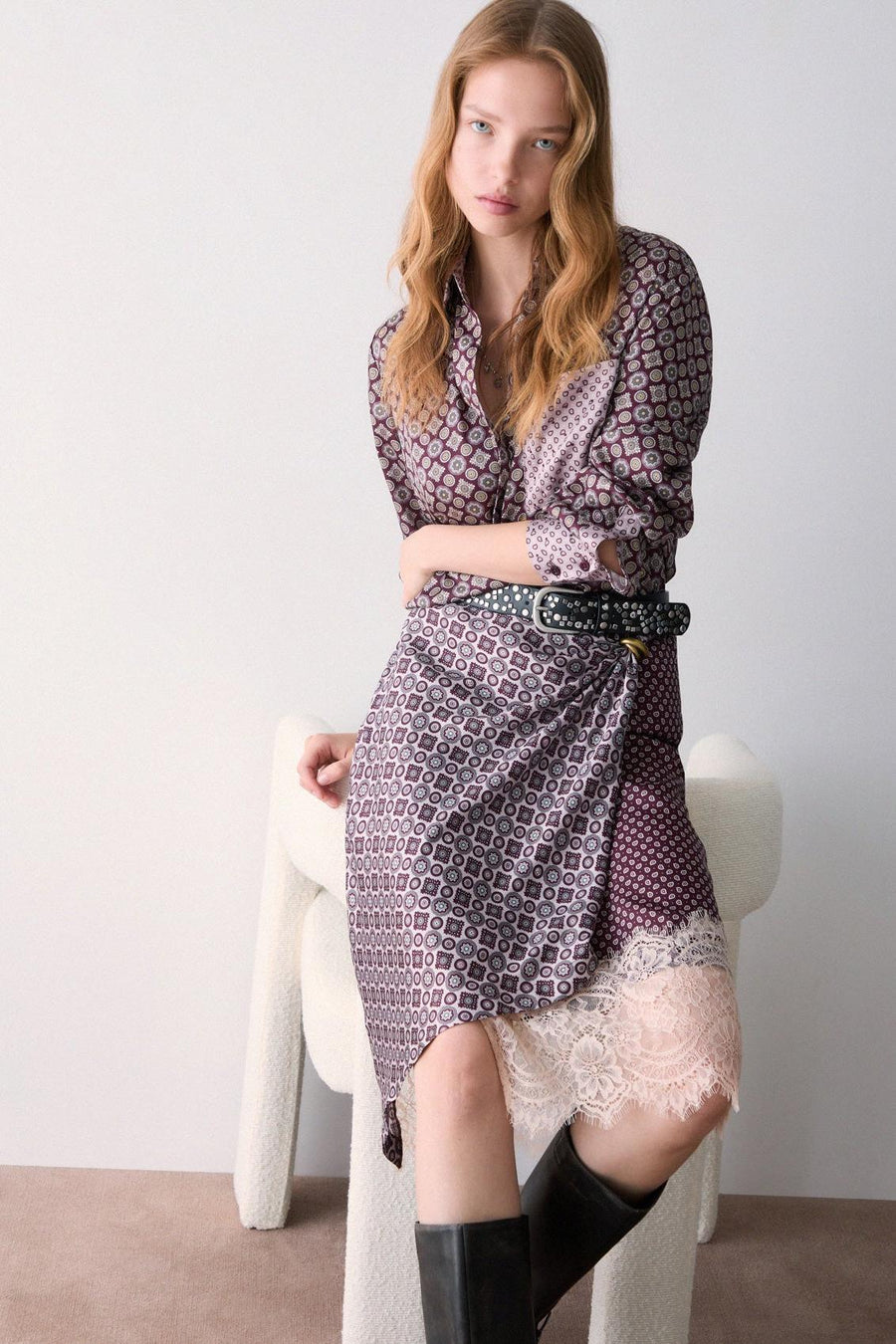 Midi Skirt with Lace Details Aubergine/Geometric Print-Liu Jo-Tocca Finita