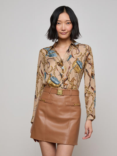 Nina Silk Blouse Dark Cappuccino Multi Equestrian Saddle-L'Agence-Tocca Finita
