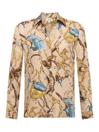 Nina Silk Blouse Dark Cappuccino Multi Equestrian Saddle-L'Agence-Tocca Finita