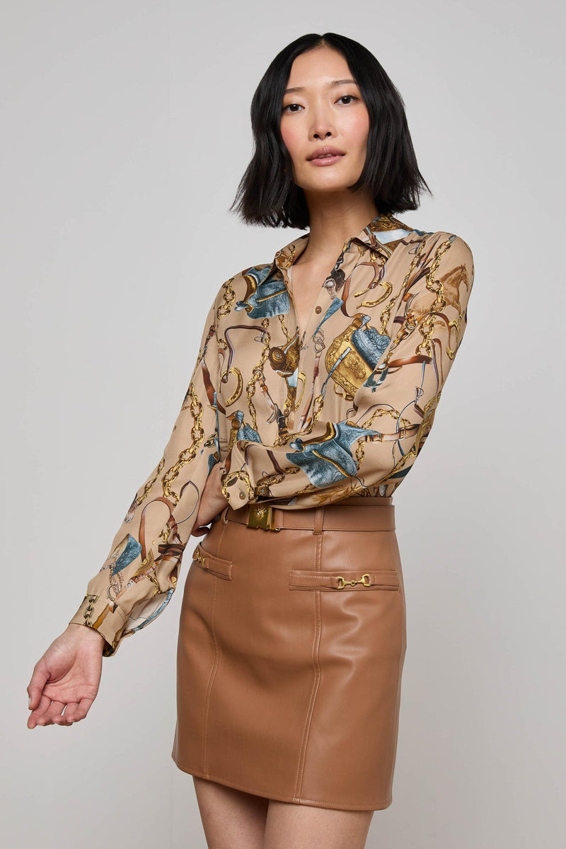 Nina Silk Blouse Dark Cappuccino Multi Equestrian Saddle-L&