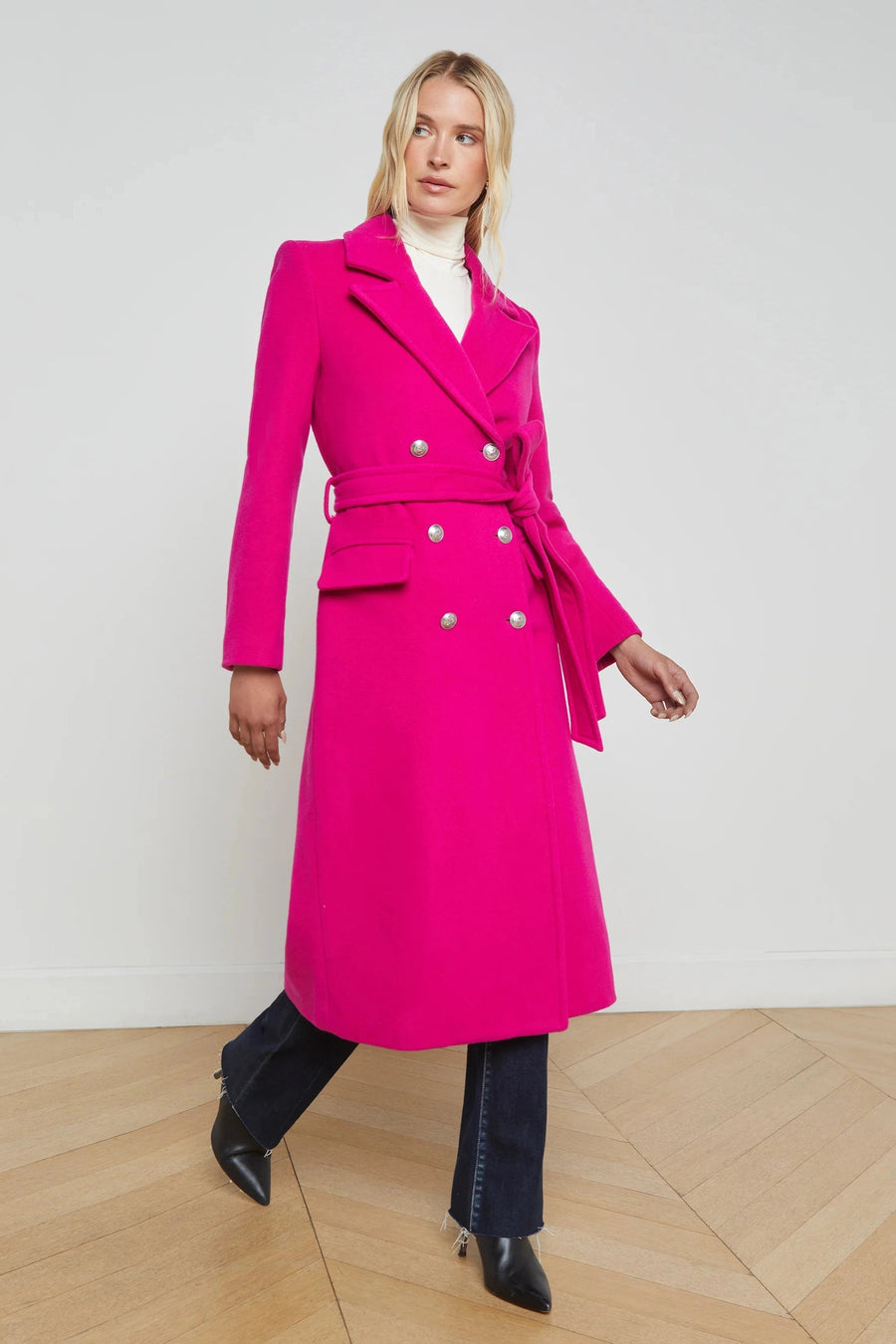Olina Belted Long Coat in Pink-L&