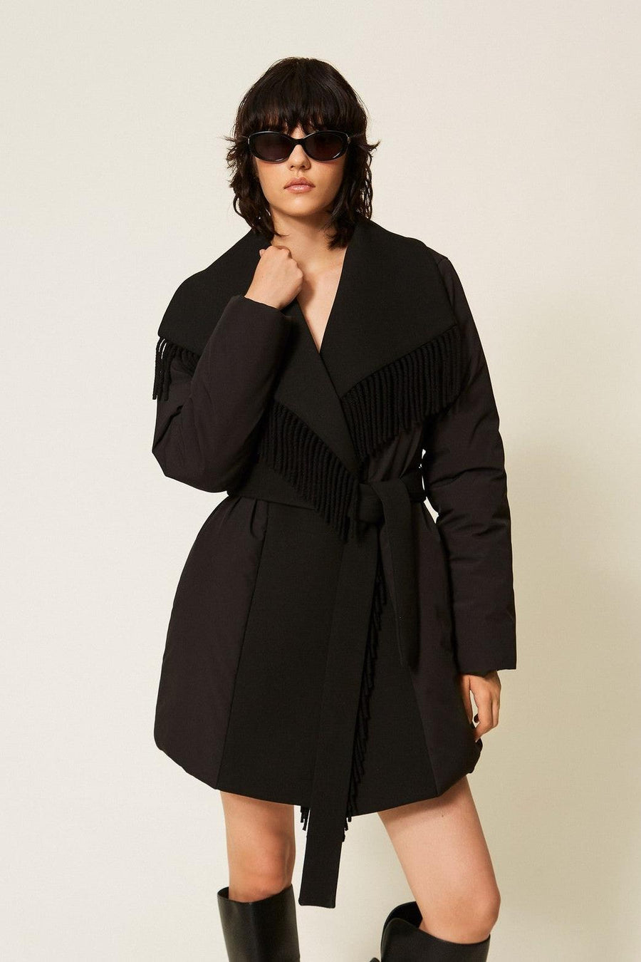 Padded Jacket With Fringes Black-TWINSET-Tocca Finita