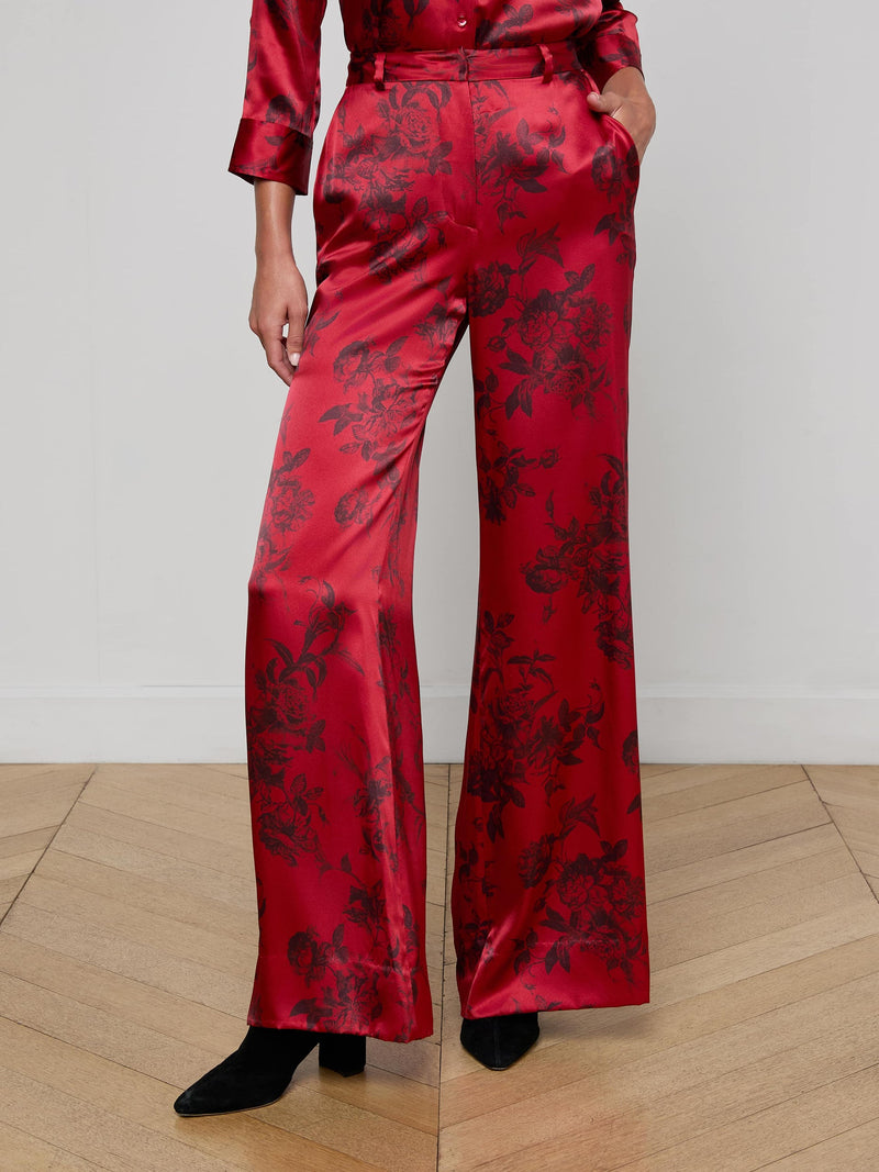 Pilar Silk Wide-Leg Pant Burgundy Painterly Floral-L&