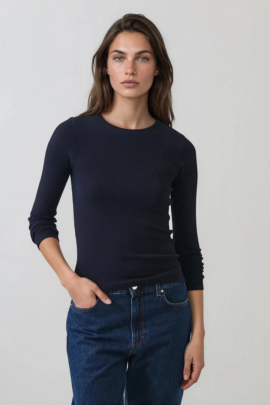 Pima Cotton Stretch Ribbed Long Sleeve Crew Neck T-Shirt Dark Navy-Patrick Assaraf-Tocca Finita
