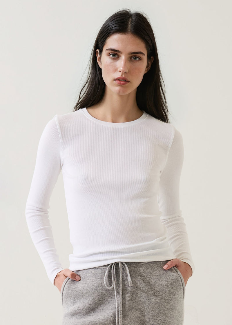 Pima Cotton Stretch Ribbed Long Sleeve Crew Neck T-Shirt White-Patrick Assaraf-Tocca Finita