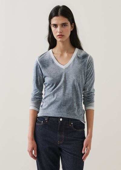 Reverse Spray Lightweight Pima Cotton Long Sleeve V-Neck Ink-Patrick Assaraf-Tocca Finita