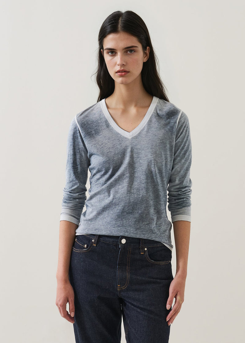 Reverse Spray Lightweight Pima Cotton Long Sleeve V-Neck Ink-Patrick Assaraf-Tocca Finita