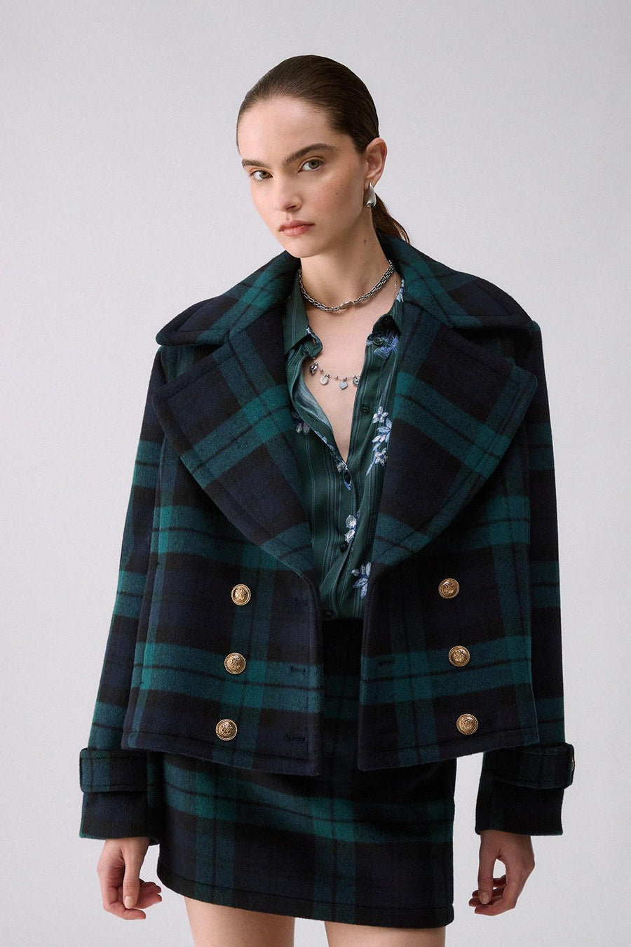 Short Double-Breasted Tartan Coat Blue Tartan-Liu Jo-Tocca Finita
