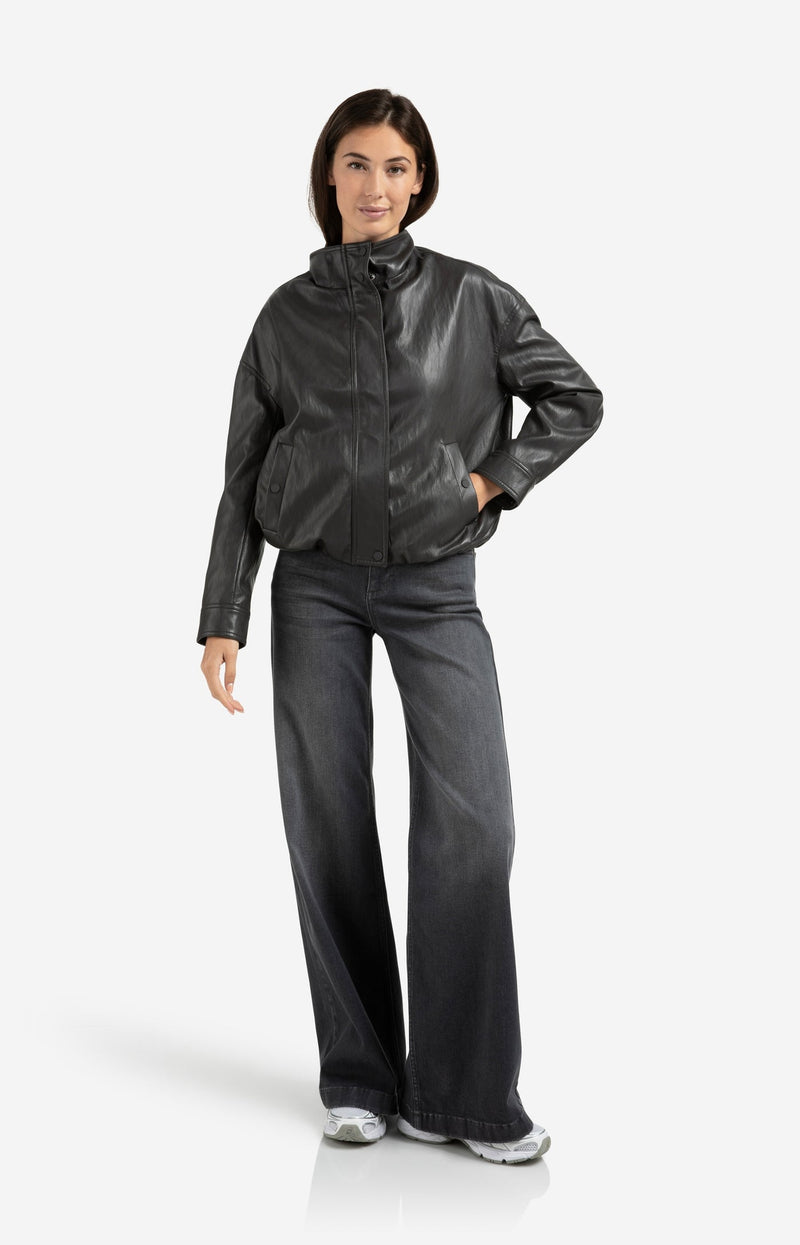 Short Faux Leather Jacket With Elastic Hem Anthracite Brown
