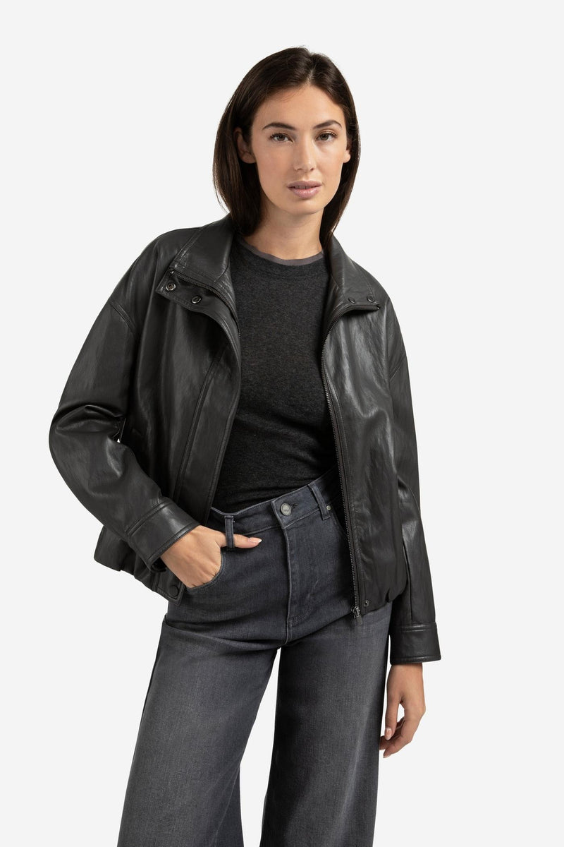 Short Faux Leather Jacket With Elastic Hem Anthracite Brown