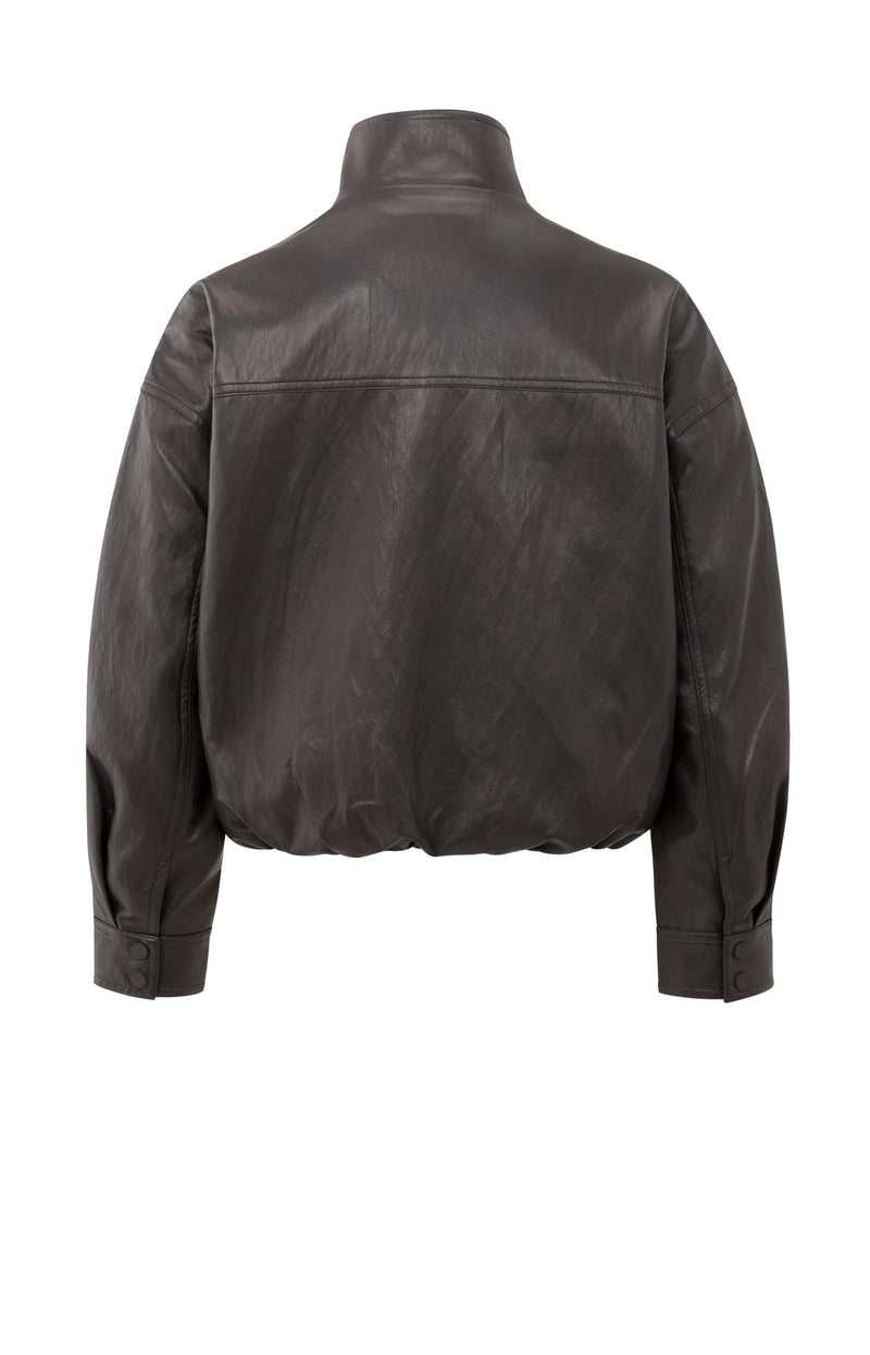Short Faux Leather Jacket With Elastic Hem Anthracite Brown