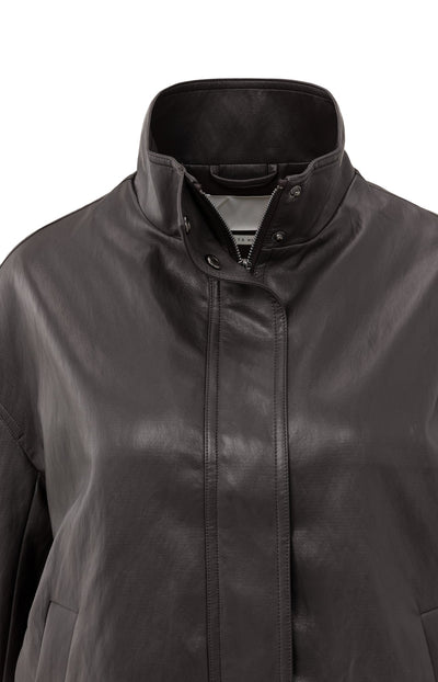 Short Faux Leather Jacket With Elastic Hem Anthracite Brown