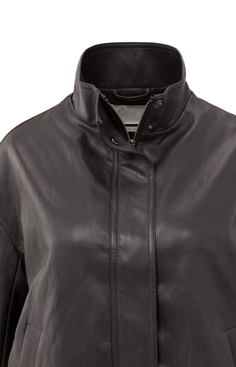 Short Faux Leather Jacket With Elastic Hem Anthracite Brown