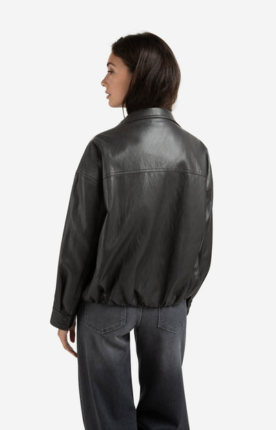 Short Faux Leather Jacket With Elastic Hem Anthracite Brown