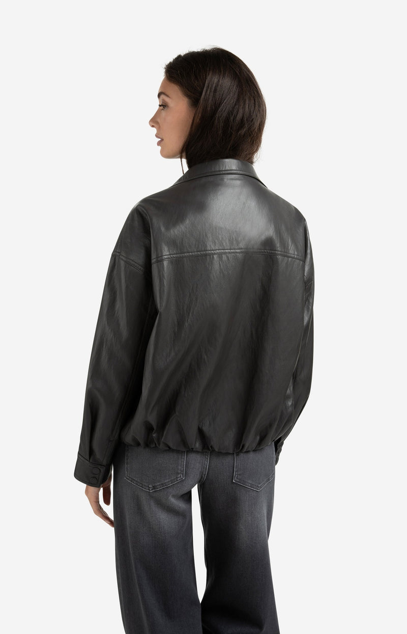 Short Faux Leather Jacket With Elastic Hem Anthracite Brown